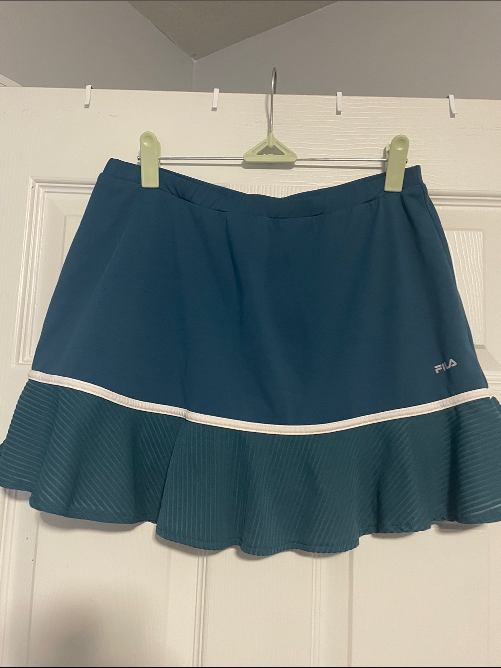 FILA Teal Blue Ruffle Hem Skater Skirt with White Trim